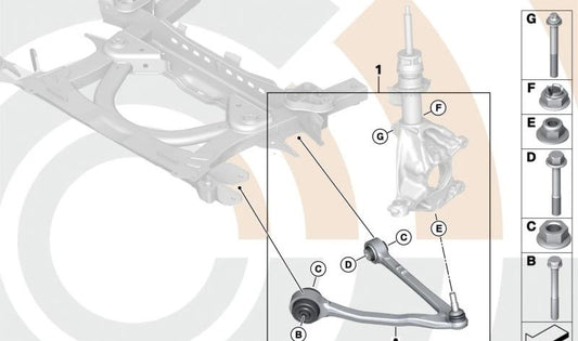Kit de reparación de brazo de suspensión derecho OEM 31108860990 para BMW i3 {I01} todos los modelos: 60Ah, 94Ah, 120Ah y 120Ah Rex. Original BMW.