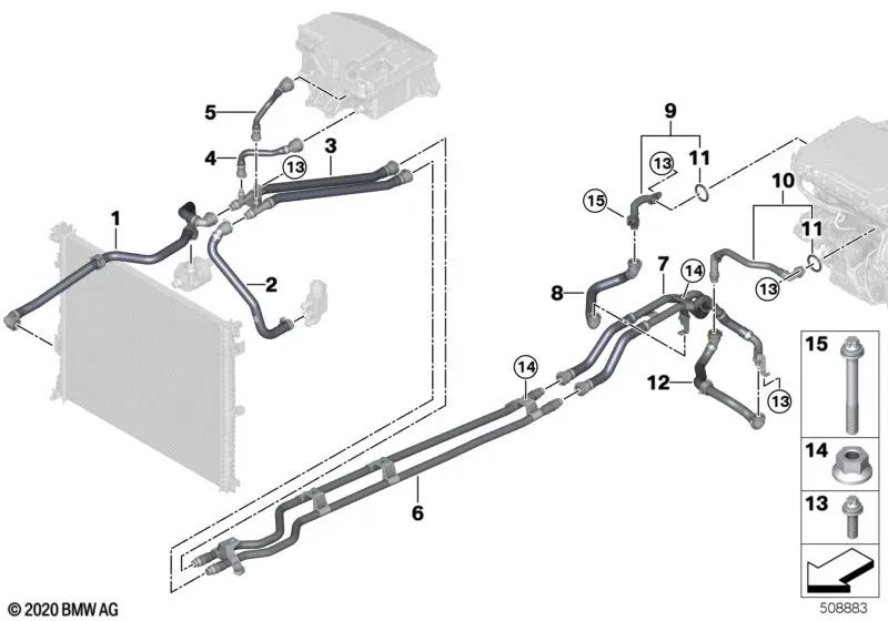 Flow and return pipe part 1 for BMW F07, F10, F11, F06, F12, F13, F01N, F02N (OEM 17128743374). Original BMW.