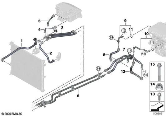 Flow and return pipe part 1 for BMW F07, F10, F11, F06, F12, F13, F01N, F02N (OEM 17128743374). Original BMW.