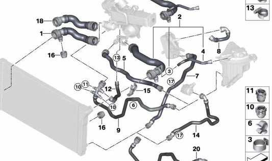 Manguera de refrigerante OEM 17128511928 para BMW F07, F07N, F10, F10N, F11, F11N, F06, F06N, F12, F12N, F13, F13N, F01N, F02N. Original BMW.