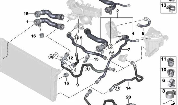 Manguera de refrigerante OEM 17128511928 para BMW F07, F07N, F10, F10N, F11, F11N, F06, F06N, F12, F12N, F13, F13N, F01N, F02N. Original BMW.