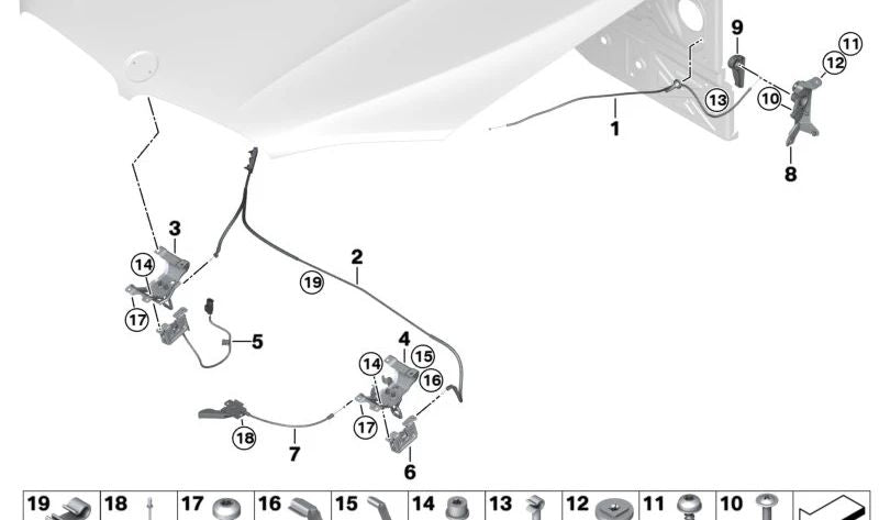 Front hood opening lever OEM 51437148524 for BMW X5 {E70, E70N, F15, F85} and BMW X6 {E71, F16, F86}. Original BMW.