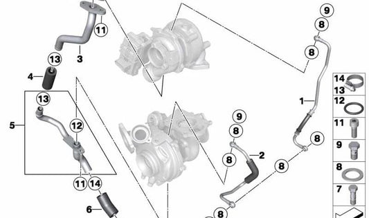 Tubería de retorno de aceite OEM 11657823285 para BMW F20, F21, F22, F30, F31, F34, F32, F33, F10, F11, E84, F15. Compatible con motores N47T. Original BMW.
