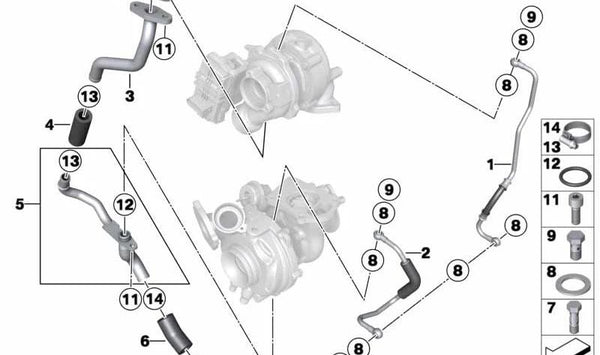 Tubería de retorno de aceite OEM 11657823285 para BMW F20, F21, F22, F30, F31, F34, F32, F33, F10, F11, E84, F15. Compatible con motores N47T. Original BMW.
