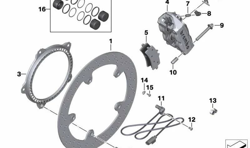 Pinza de freno delantera derecha OEM 34117710746 para motos BMW R1200S, HP2 Sport. Original BMW Motorrad.