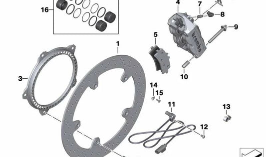 Freno anteriore destro Freno 34117710746 per motociclette BMW R1200S, HP2 Sport. BMW MOTORAD originale.