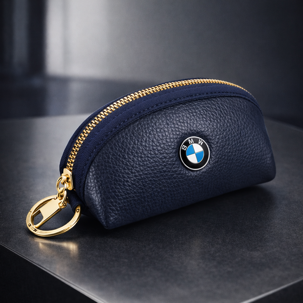 Portefeuille / Porte-clés en cuir BMW avec fermeture éclair (noir, bleu et blanc) – Style Premium