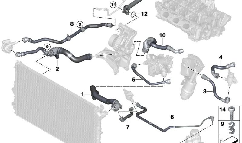 Thermal management module hose OEM 11539896554 for BMW F70, U06, U11, U12, U10, F65, F66, U25. Original BMW.