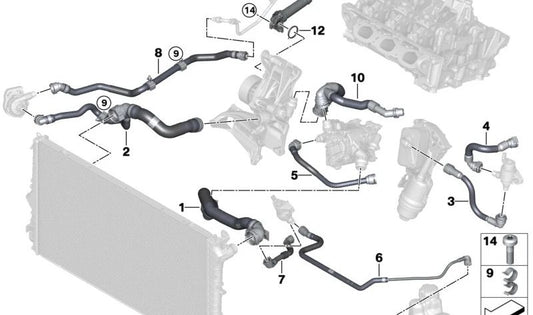 Thermal management module hose OEM 11539896554 for BMW F70, U06, U11, U12, U10, F65, F66, U25. Original BMW.