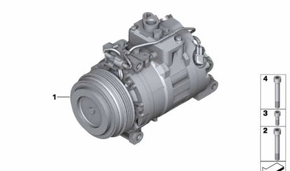 Compresor de aire acondicionado con embrague magnético OEM 64509154072 para BMW F07, F10, F11, F06, F12, F13, F01, F02, E70, F15, F85, E71, F16, F86. Original BMW.
