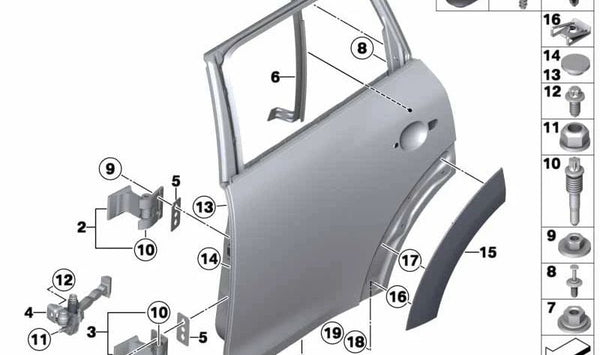 Bisagra puerta trasera inferior derecha OEM 41009805934 para MINI R60, R61. Original MINI.