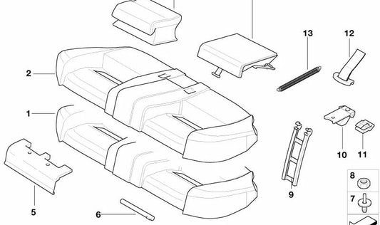 Cubierta asiento central trasero negra OEM 52238210311 para BMW E39 520d, 520i (todos los modelos compatibles). Recambio original BMW.