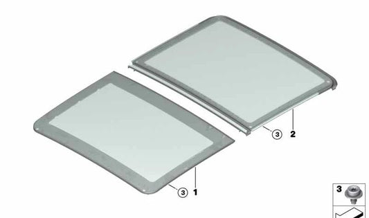 Cristal delantero del techo panorámico OEM 54107445450 para BMW F46, F46N. Repuesto original BMW.