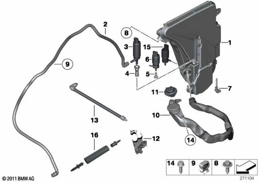 Reservatório de fluido do lavador de para-brisa para BMW F11, F11N (OEM 61667269670). BMW originais.