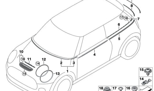 Moldura embellecedora lateral trasera derecha OEM 51355A3BE08 para MINI F56, F56 BEV, F66. Original MINI.