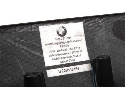 Tapa del retrovisor exterior derecho carbono M Performance OEM 51162211904 para BMW F20, F21, F22, F87, F30, F31, F34, F32, F33, F36, X1 E84… y más. Original BMW.