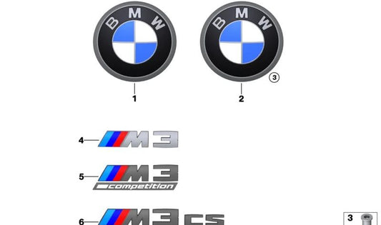 M3 OEM Emblem 51148084160 for BMW G80 M3 {M351ay models, M352ay, M311HJ, M312HJ}. Original BMW.