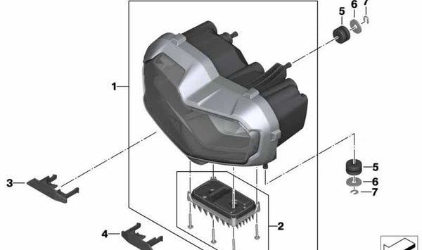 Carcasa derecha faro LED OEM 63128557228 para BMW Motorrad F 750 GS, F 800 GS, F 850 GS, F 900 GS, F 850 GS Adventure y F 900 GS Adventure. Original BMW Motorrad.