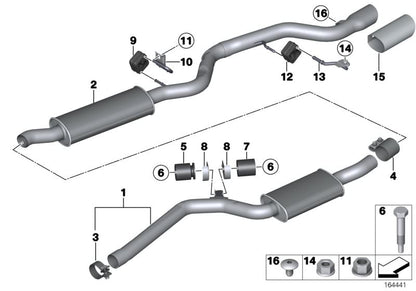 Soporte de escape trasero OEM 18307574951 para BMW E81, E82, E87, E88. Pieza original BMW.