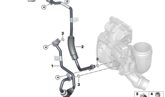 Tubo de retorno del turbo al bloque motor OEM 11538629959 para MINI F54, F55, F56, F57, F60 y BMW F40, F44, F39. Original MINI y BMW.