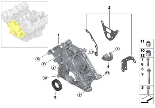Tapa de la caja de distribución inferior OEM 11148483806 para BMW Serie 5 F10, F11, Serie 6 F12, F13, Serie 7 F01, F02, X5 E70, X6 E71... y más. Original BMW.