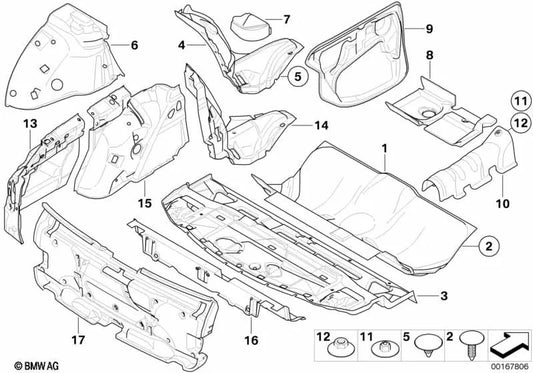 Isolamento acústico do assoalho traseiro para BMW Série 5 E60, E60N, E61 (OEM 51487039406). BMW original