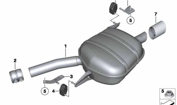 Silencioso trasero derecho OEM 18308509101 para BMW Serie 5 F11 535d (modelos con motor N57) con tracción trasera y xDrive. Compatible con modelos fabricados entre 2010 y 2017. Pieza original BMW.