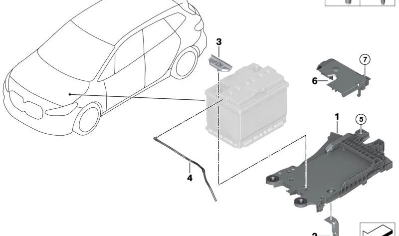 Suporte à bateria OEM 61219855634 para BMW F70 {116i, 118i, 118d, 120i, 120d}. Compatível com versões automáticas e manuais, tração frontal. BMW original.