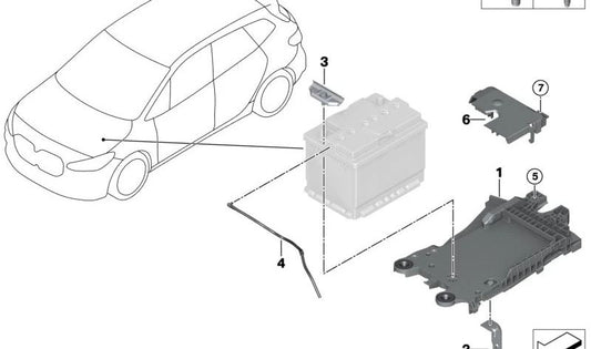 Suporte à bateria OEM 61219855634 para BMW F70 {116i, 118i, 118d, 120i, 120d}. Compatível com versões automáticas e manuais, tração frontal. BMW original.