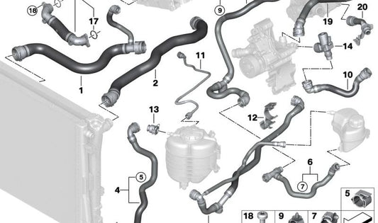 Manguera del radiador OEM 17125A44477 para BMW Serie 2 G42, Serie 3 G20, G20N, G21, G21N, G28, G28N y Serie 4 G22, G23, G26. Original BMW.