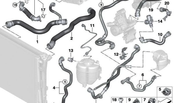 Tubo del radiador OEM 17128654833 para BMW G20, G21, G22, G23, G26, G28, G42. Original BMW.