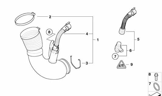 Tubo de admisión de aire OEM 13717801545 para BMW X3 {E83} (modelos 1.8d, 2.0d, 2.0sd). Compatible con motores N47. Original BMW.