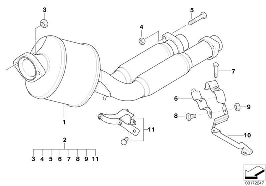 Soporte del sistema de escape OEM 18212247981 para BMW E39 525d y 530d. Compatible con modelos fabricados entre 1998 y 2003. Original BMW.