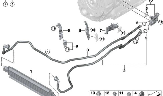 Soporte de tubería del radiador de aceite OEM 17227936448 para BMW G20, G21, G28, G30, G31, G38, G32, G11, G12, G01, G08, G02, G05, G18, G06, G22, G23, G26, G29. Original BMW.