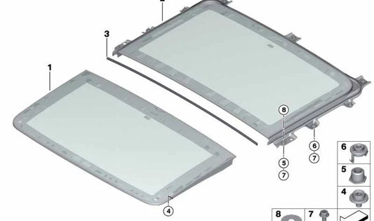 Tapa de cristal delantera del techo panorámico OEM 54107474465 para BMW Serie 5 G31 (todos los modelos compatibles). Original BMW.