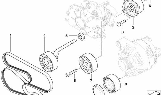Correa poli V OEM 11288477785 para BMW E60, E60N, E61, E61N, E63N, E64N, E65, E66. Compatible con sistema de transmisión por correa del alternador y bomba de agua. Original BMW.