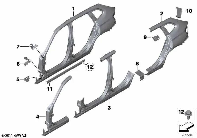 Soporte pared lateral delantero derecho para BMW X1 E84 (OEM 41142997592). Original BMW