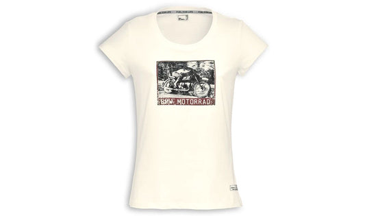 Camiseta blanca retro BMW Motorrad R 68 para mujer talla S. Diseño ajustado con logo y moto en el pecho, y detalle "Soulfuel" en la espalda. 100% algodón. OEM 76615A813D8. Original BMW Motorrad.