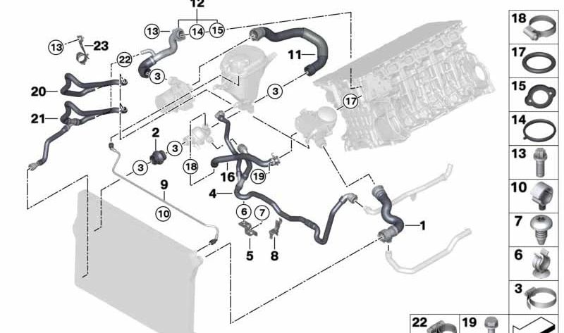 Manguera de refrigerante OEM 17127578404 para BMW F10, F11, F18. Original BMW.