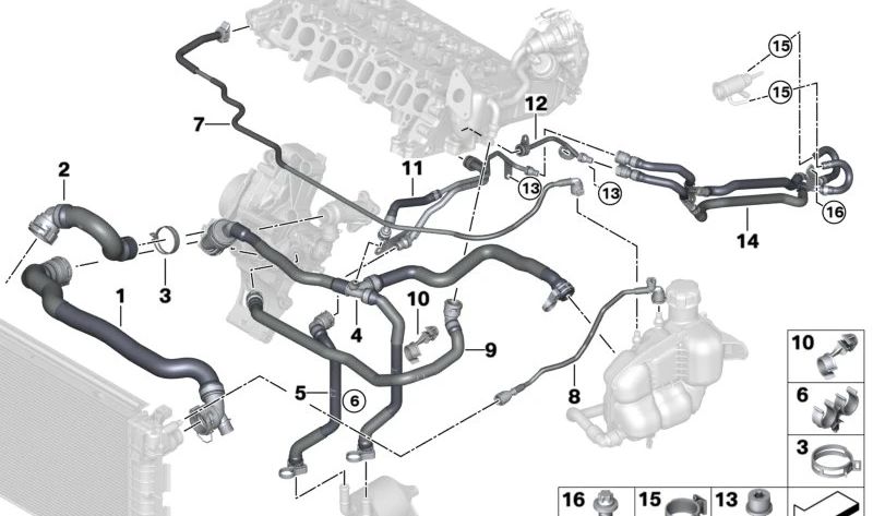 Tubo del depósito de expansión del radiador OEM 17128580480 para BMW F40, F44, F45, F46, F48, F39 y MINI F54, F55, F56, F57, F60. Original BMW y MINI.