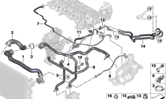 Tubo del depósito de expansión del radiador OEM 17128580480 para BMW F40, F44, F45, F46, F48, F39 y MINI F54, F55, F56, F57, F60. Original BMW y MINI.