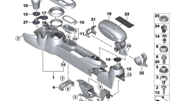 Bandeja portaobjetos con portavasos central OEM 51166998973 para MINI F55, F56, F57, incluyendo versiones BEV y LCI. Original MINI.