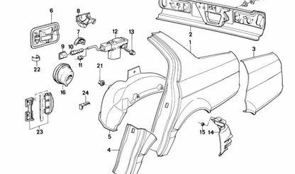 Cubierta del paso de rueda trasero izquierdo OEM 51711949537 para BMW E32. Original BMW