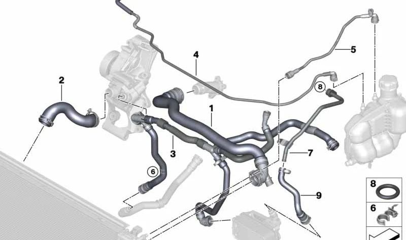 Tubo conector depósito refrigerante a bomba calefacción OEM 17128595423 para BMW F48 (X1), F39 (X2) xDrive25d. Original BMW.