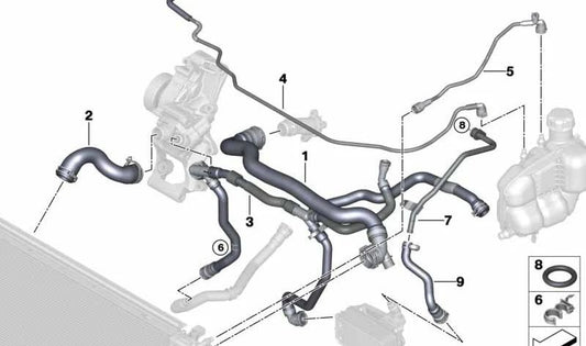 Tubo conector depósito refrigerante a bomba calefacción OEM 17128595423 para BMW F48 (X1), F39 (X2) xDrive25d. Original BMW.