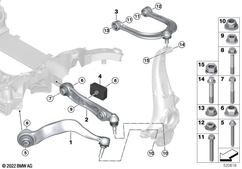 Lower wishbone with rubber mount right for BMW 7 Series G70 (OEM 31106898554). Original BMW.