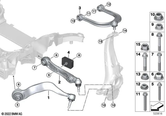 Lower wishbone with rubber mount right for BMW 7 Series G70 (OEM 31106898554). Original BMW.
