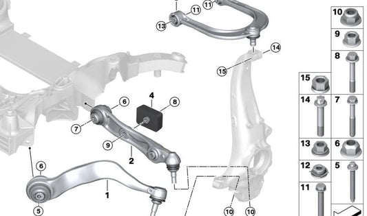 Brazos de suspensión superiores con corrección de caída OEM 31108834537 para BMW G70. Original BMW.
