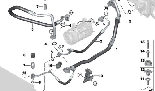 Tubo de succión doble para compresor A/C OEM 64536805027 para BMW G42, G20, G20N, G21, G21N, G22, G22N, G23, G23N, G26, G26N. Original BMW.