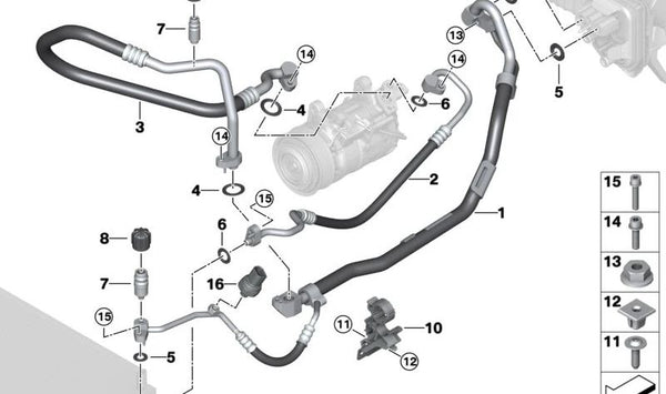 Tubería de alta presión del compresor al condensador OEM 64536805028 para BMW G42, G20, G21, G22, G23, G26. Original BMW.